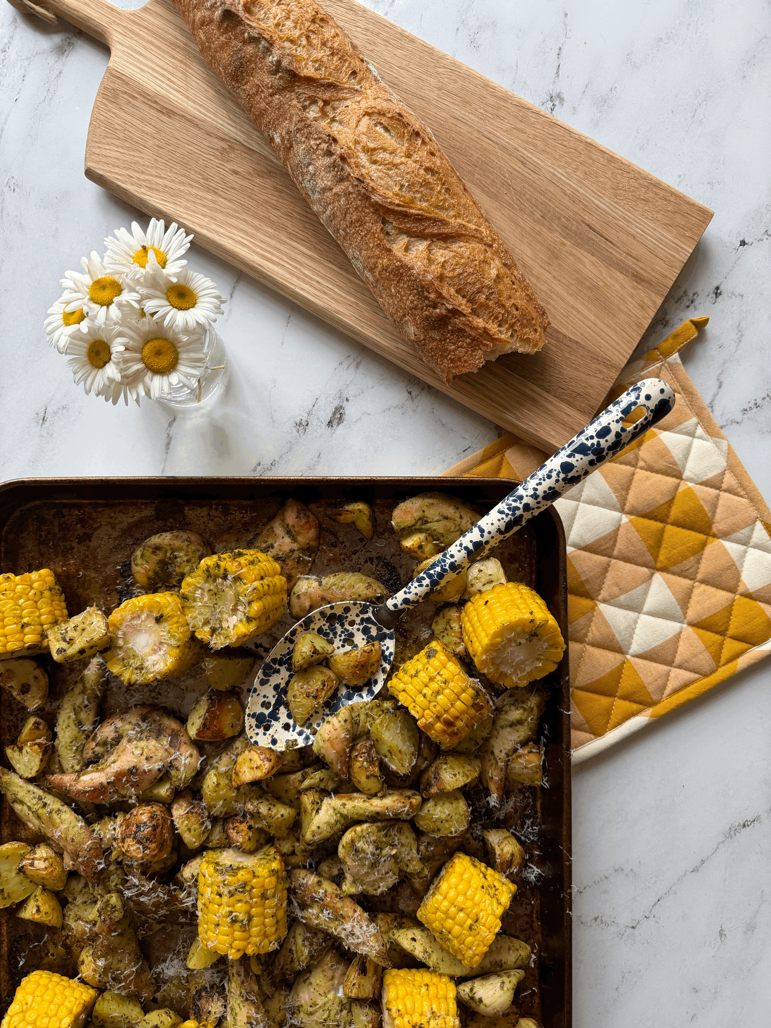 Pesto Chicken Tray Bake with Potatoes and Corn