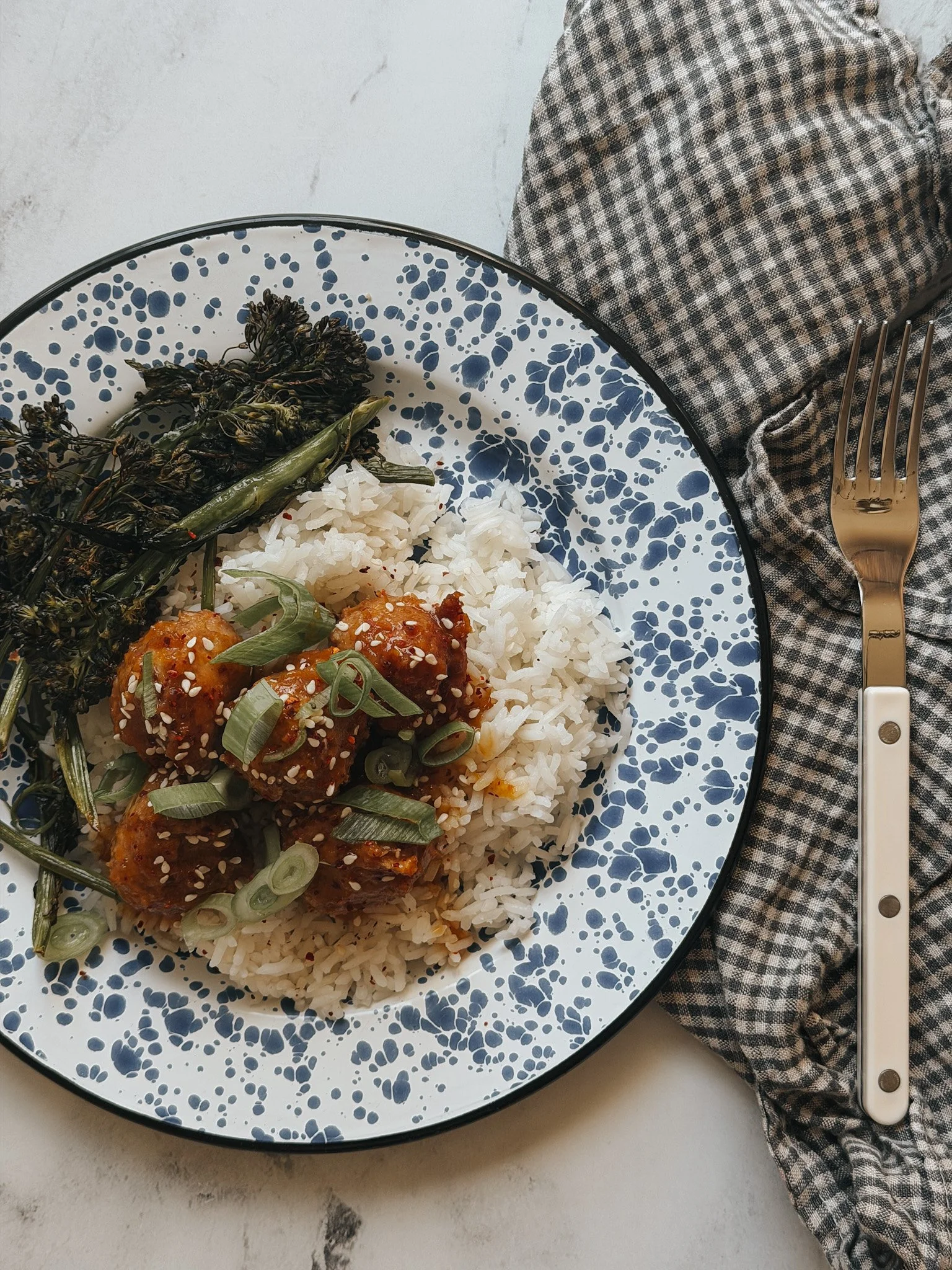 Orange Chicken Meatballs with Roasted Broccolini