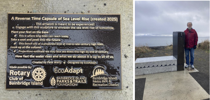 Fay Bainbridge State Park is at the Northeast end of Bainbridge Island in the Salish Sea (Puget Sound). This “Reverse Time Capsule” is a monument to what is in store as sea levels rise due to man-made climate change.