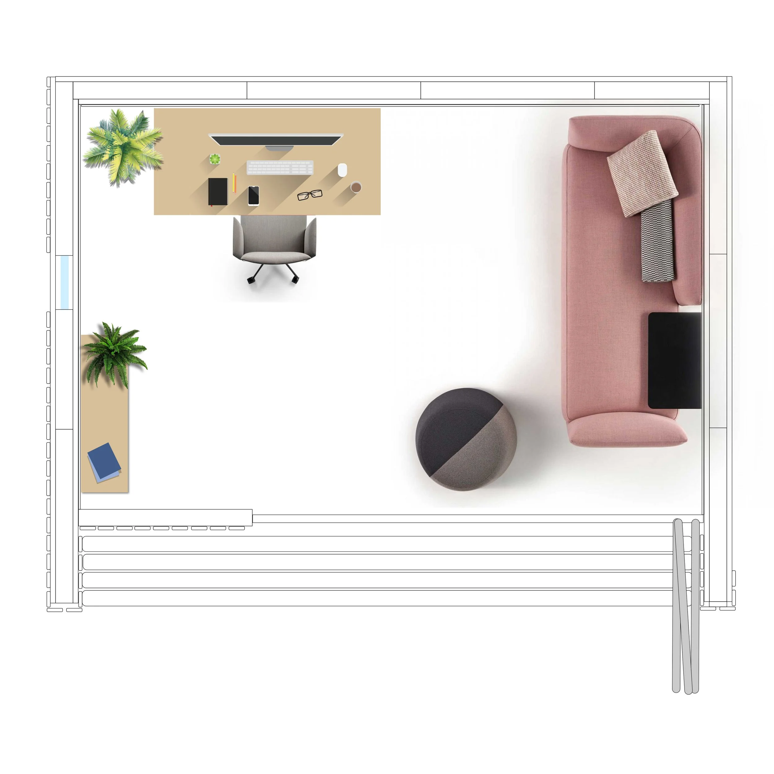 Illustration showing an example layout of the FORZA garden room with workspace, seating, and flexible living space