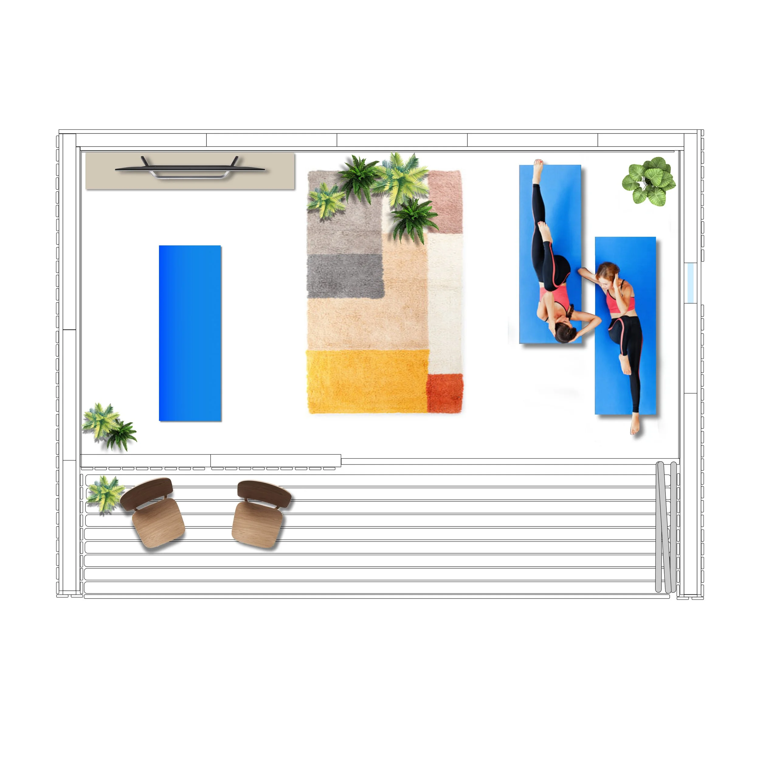 Illustration showing an example layout of the LUNA 5m x 4m garden room used as a wellness and relaxation space, including yoga and seating areas