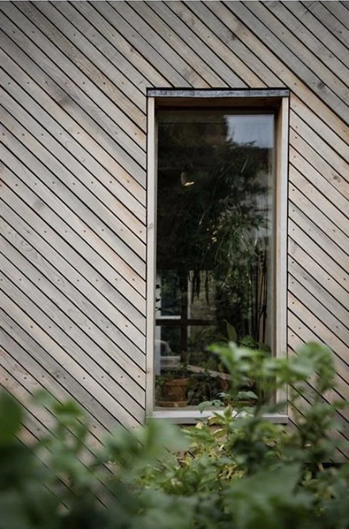 Close-up of timber cladding and window detail on a modern garden room