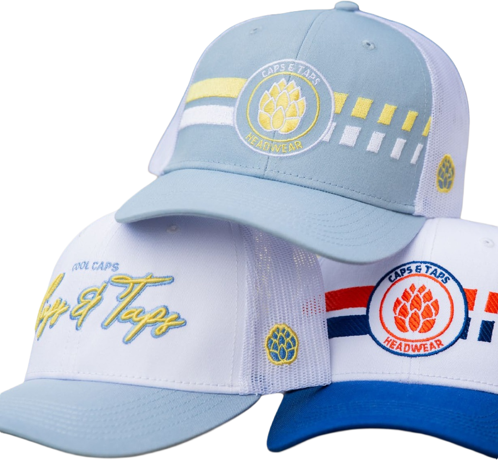 Three caps from Caps & Taps Headwear, with different designs and colors, displayed on top of each other.