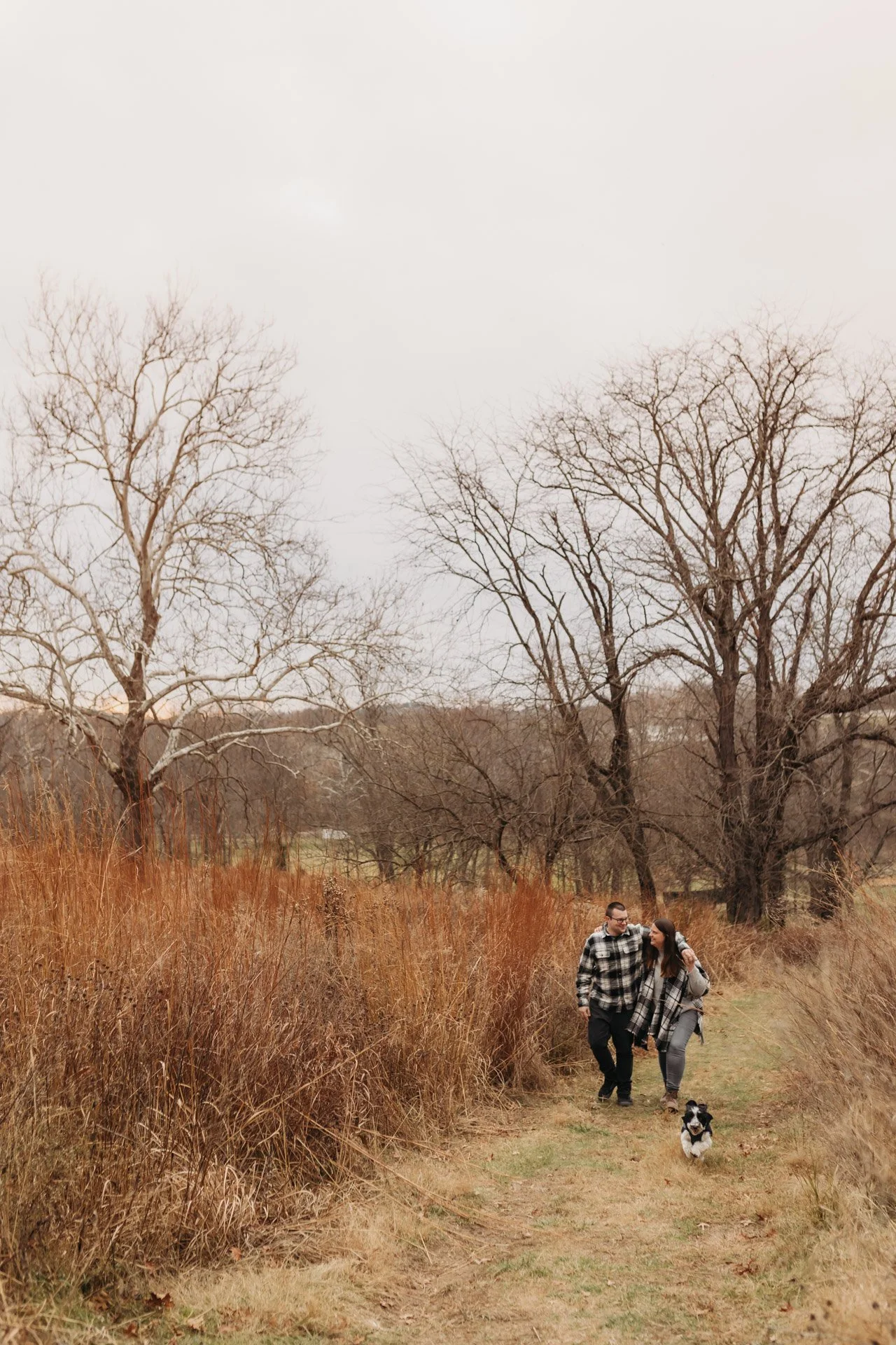 A couple walking with their dog along a dirt path through a fall or winter landscape with leafless trees and dried grass at their engagement photography session at Queeny Park in STL.