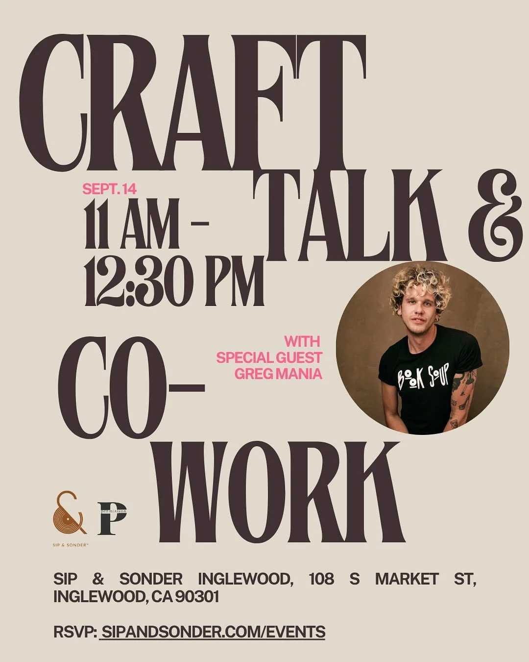 We&rsquo;re so thrilled to invite our next guest for Craft Talk &amp; Co-Work in residence at @sipandsonder, @gregmania author of Born to Be Public. Greg will talk about his lively reading series Empty Trash, how writers should think about their sele