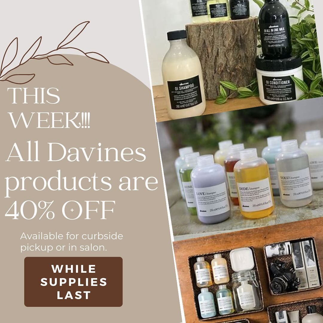 Guess what!!! From 4/22/24 to 4/27/24, all Davines products are 40% off! Plus, enjoy the convenience of curbside pickup when your card is on file with us or visit us in salon. Contact us to place your order or stop by for a personalized shopping expe