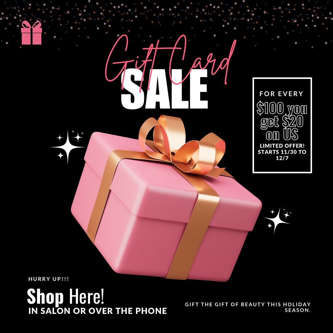 🎁 Annual Gift Card Sale Alert! 🎁

It&rsquo;s that time of year again! Take advantage of our Annual Gift Card Sale starting Small Business Saturday (11/30) through Saturday 12/07.

✨ Here&rsquo;s the deal:
For every $100 you spend, you&rsquo;ll get 