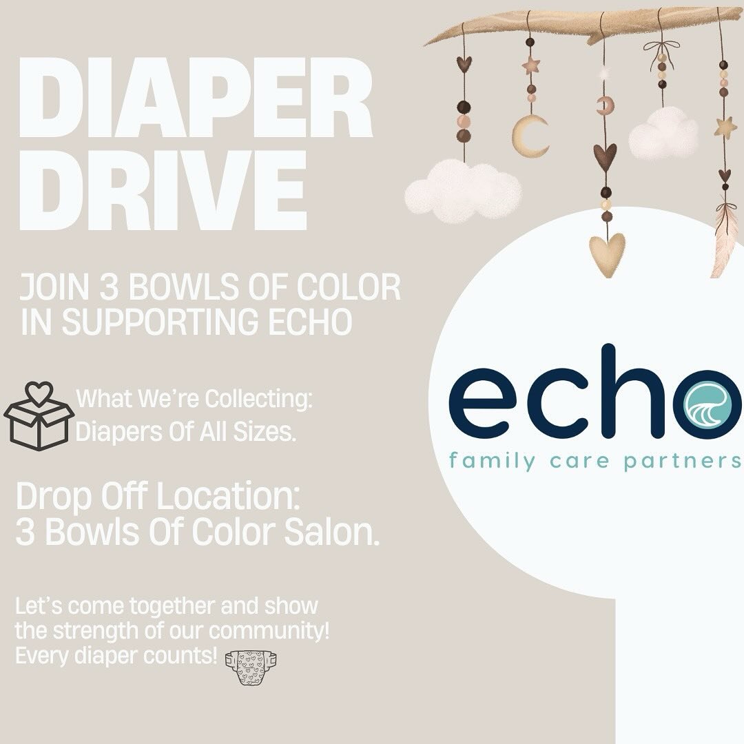 Help us make a difference! 🌟 3 Bowls of Color is partnering with ECHO to support families in Hampton Roads. We&rsquo;re collecting diapers of all sizes, and every donation counts. Together, we can give back and create a brighter future for those in 