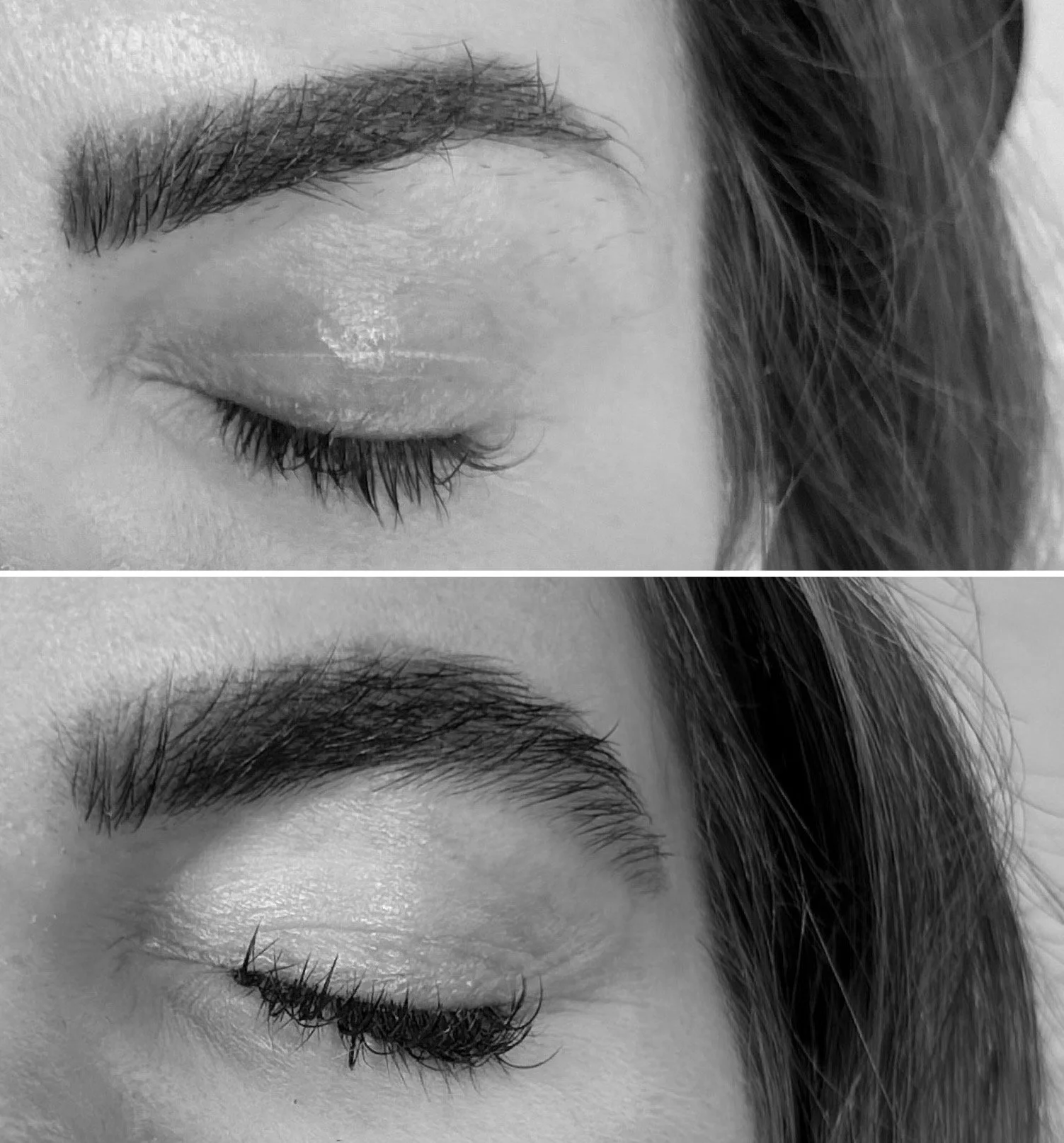 Two images that show how transformative eyebrow rehabilitation can be. In the first pic, the brow is quite severe looking and has virtually no tail. In the second pic, the tail has fully recovered in density and the shape is much more flattering