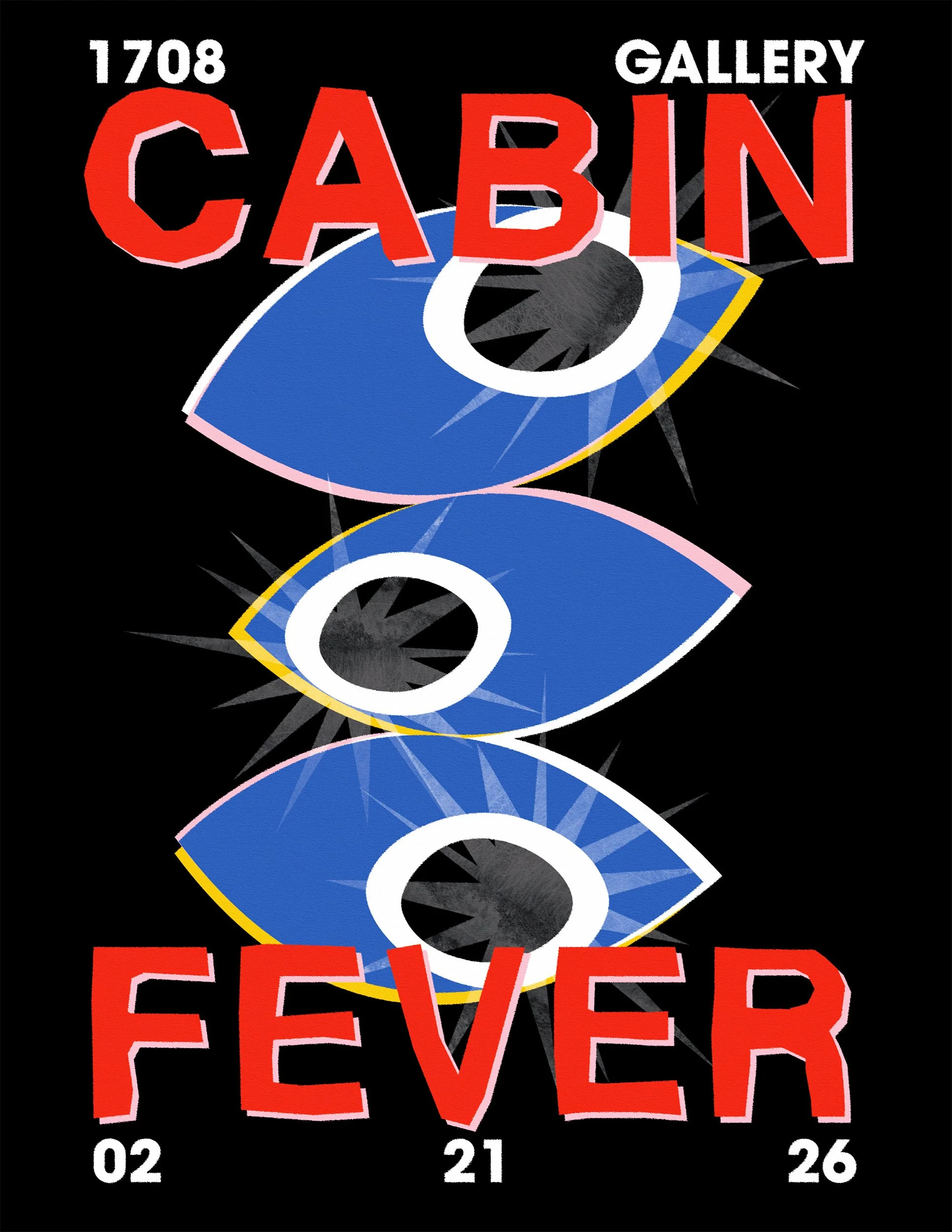 Poster for an art gallery titled Cobra Gallery. Features a stylized eye with a black pupil and blue iris, surrounded by red, white, blue, and yellow elements. The poster includes the text '1708', '02', '21', and '26' in white, and 'SEVER' in large re