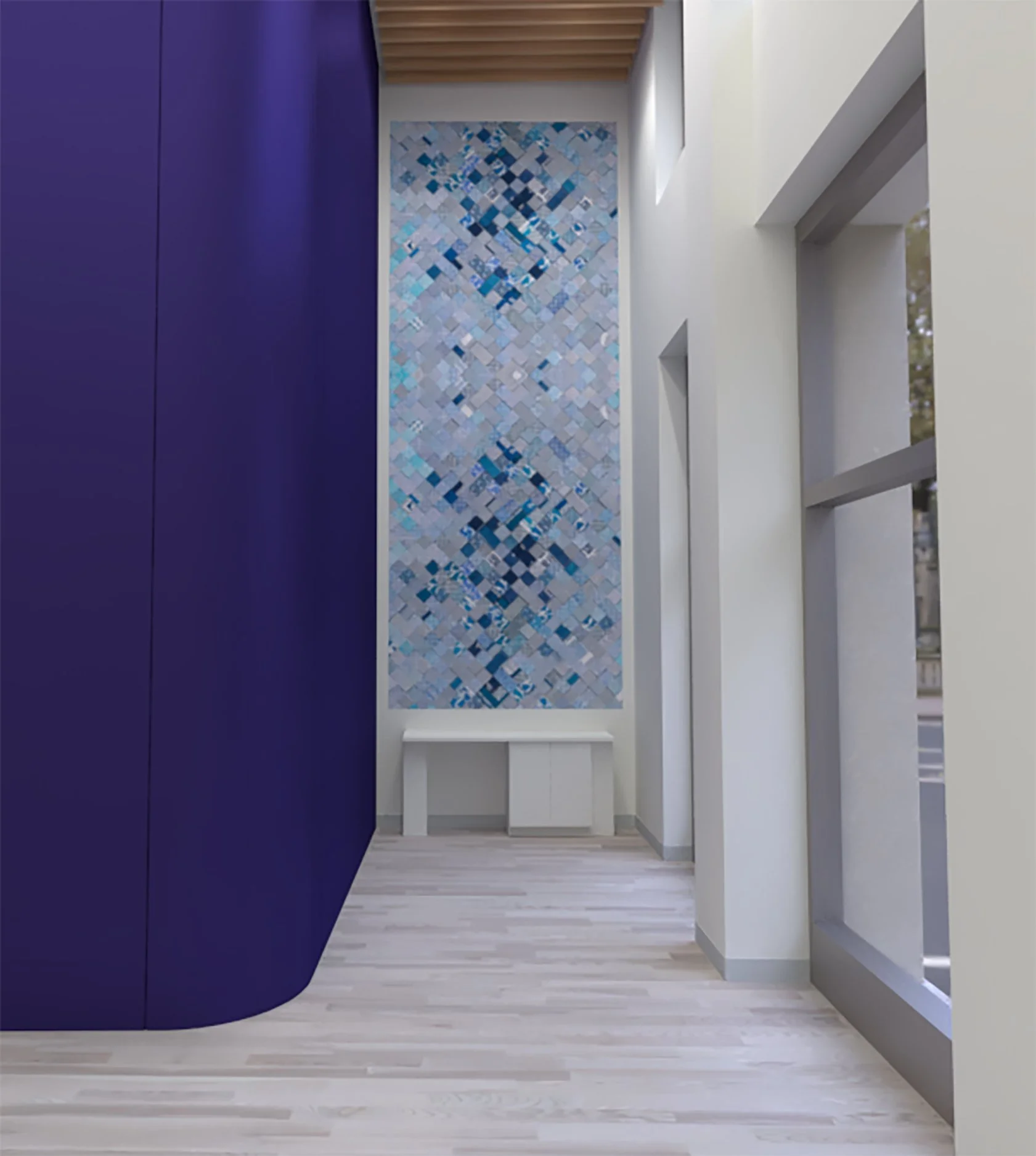 Interior view of a modern room with sleek design, featuring dark blue curved wall on the left, white shelves on the right, a mosaic artwork with shades of blue and gray on the back wall, light-colored wooden plank flooring, and window openings with n