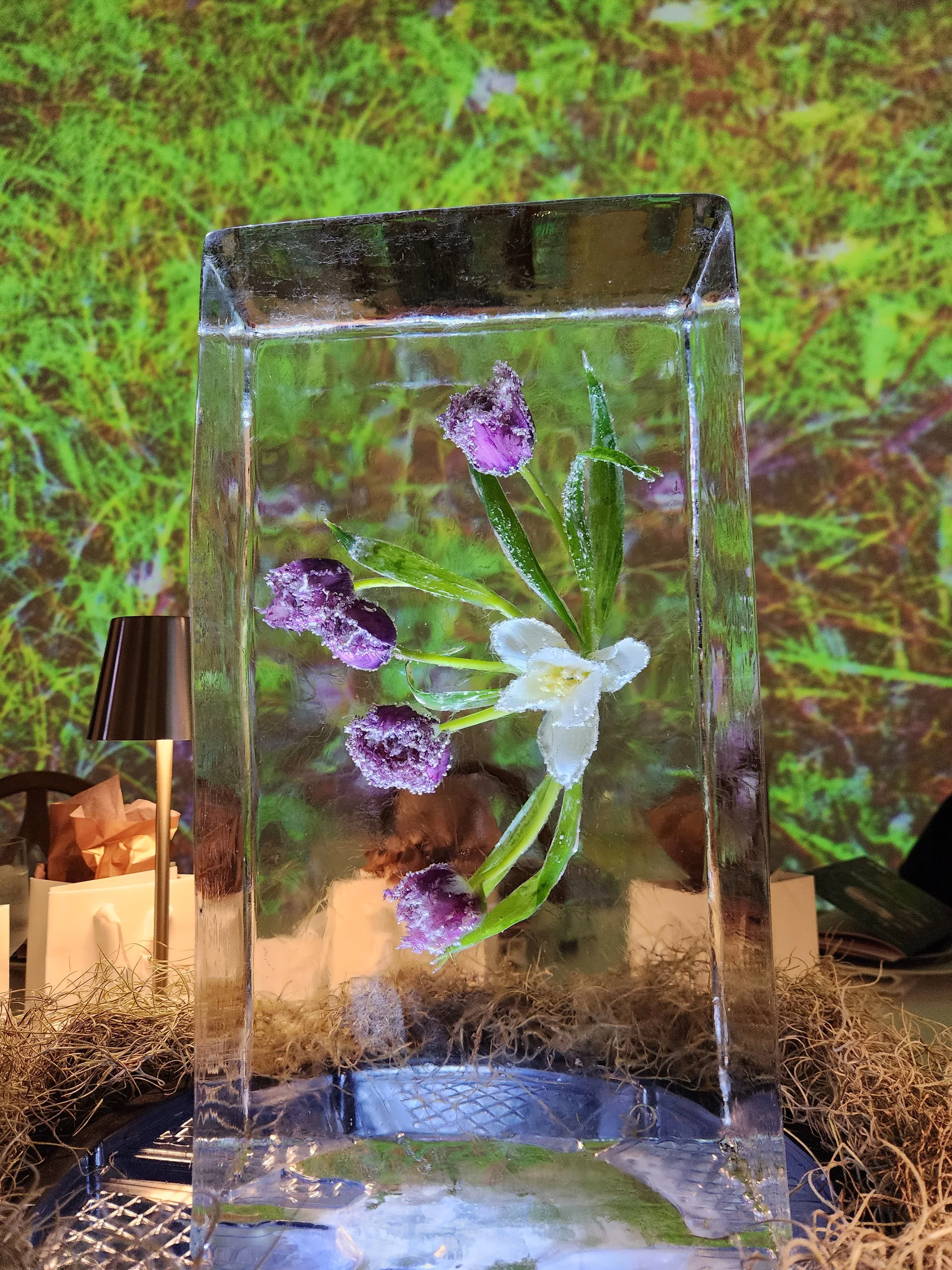 A frozen ice block containing purple and white flower petals and green leaves, with a blurry green background.