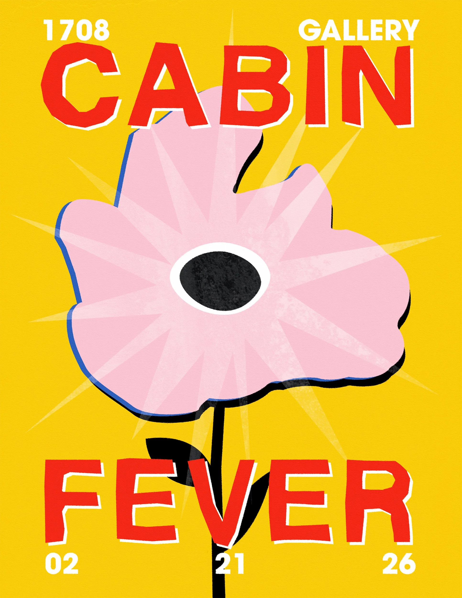 A colorful poster for an event at CAAAN Gallery featuring a large pink flower with a black and white center, bold red and white text announcing the event dates from February 2 to February 26, 2023, against a yellow background.
