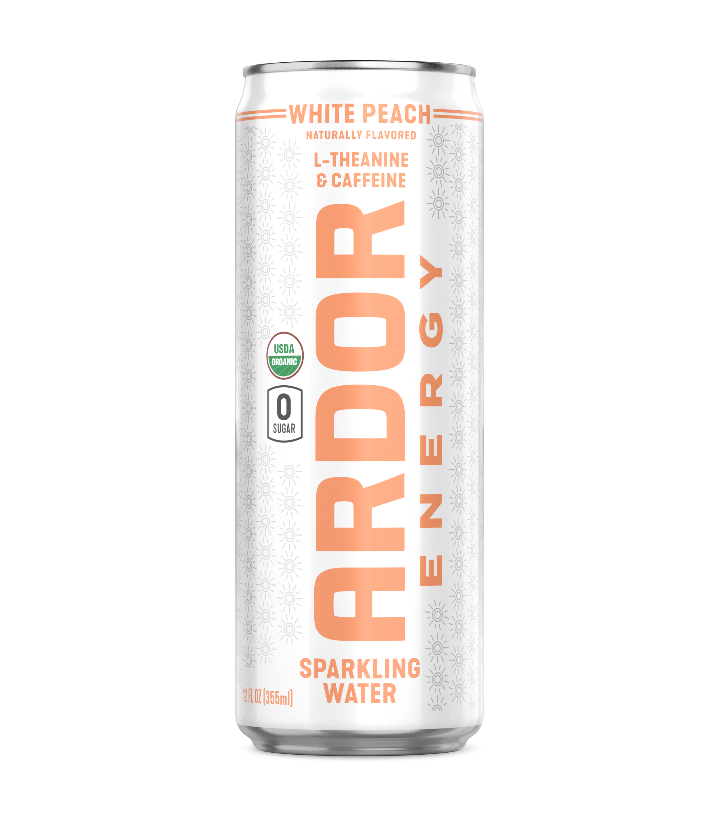 A can of Ardor sparkling water white peach flavor, containing no sugar, organic, with L-theanine and caffeine.