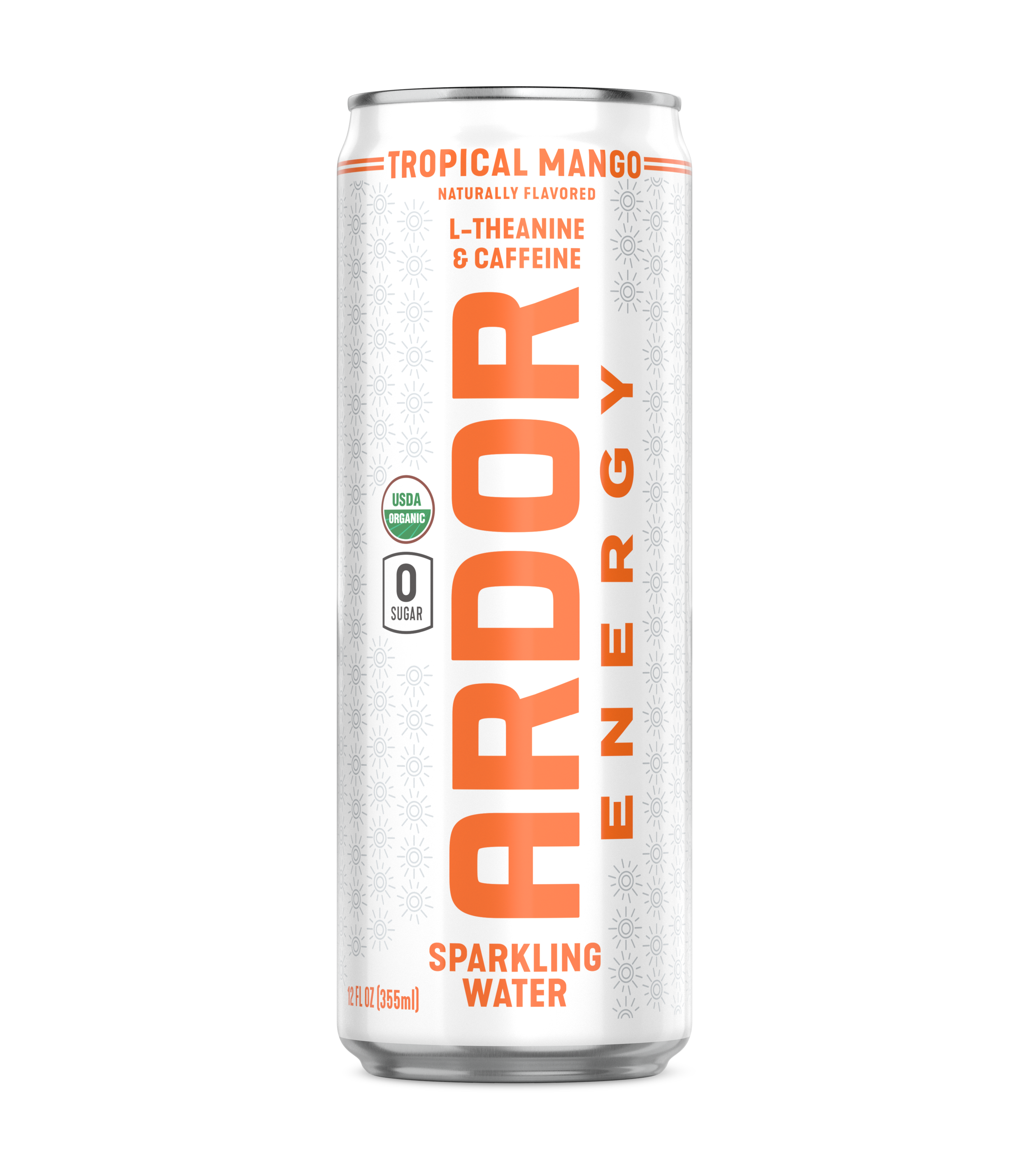A can of Ardor sparkling water with tropical mango flavor, containing no sugar, organic, and contains L-theanine and caffeine.