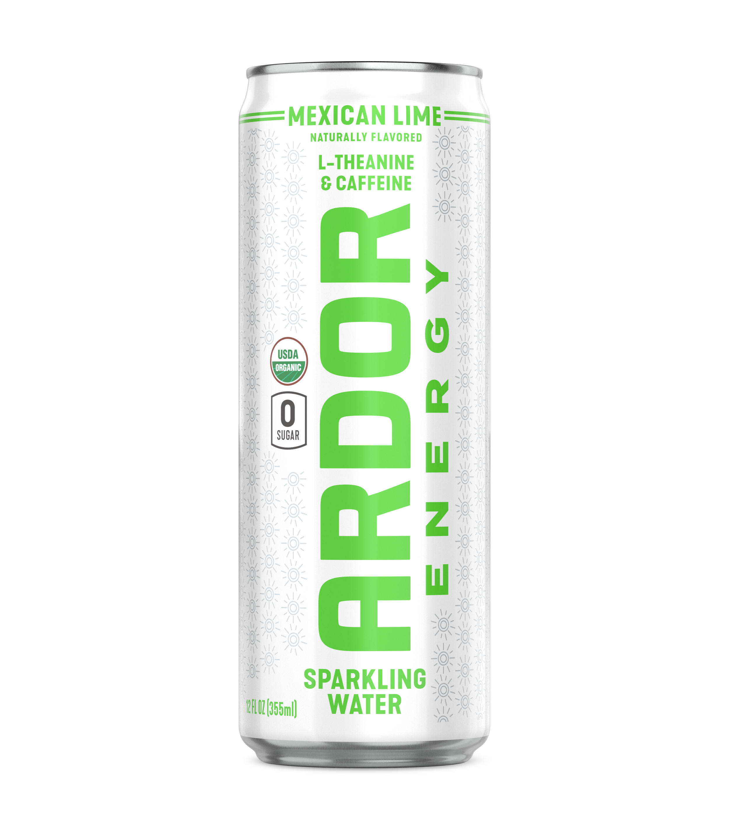 A can of Ardor Mexican Lime Sparkling Water with a white and green label, featuring text about organic certification, no sugar, and natural flavor.