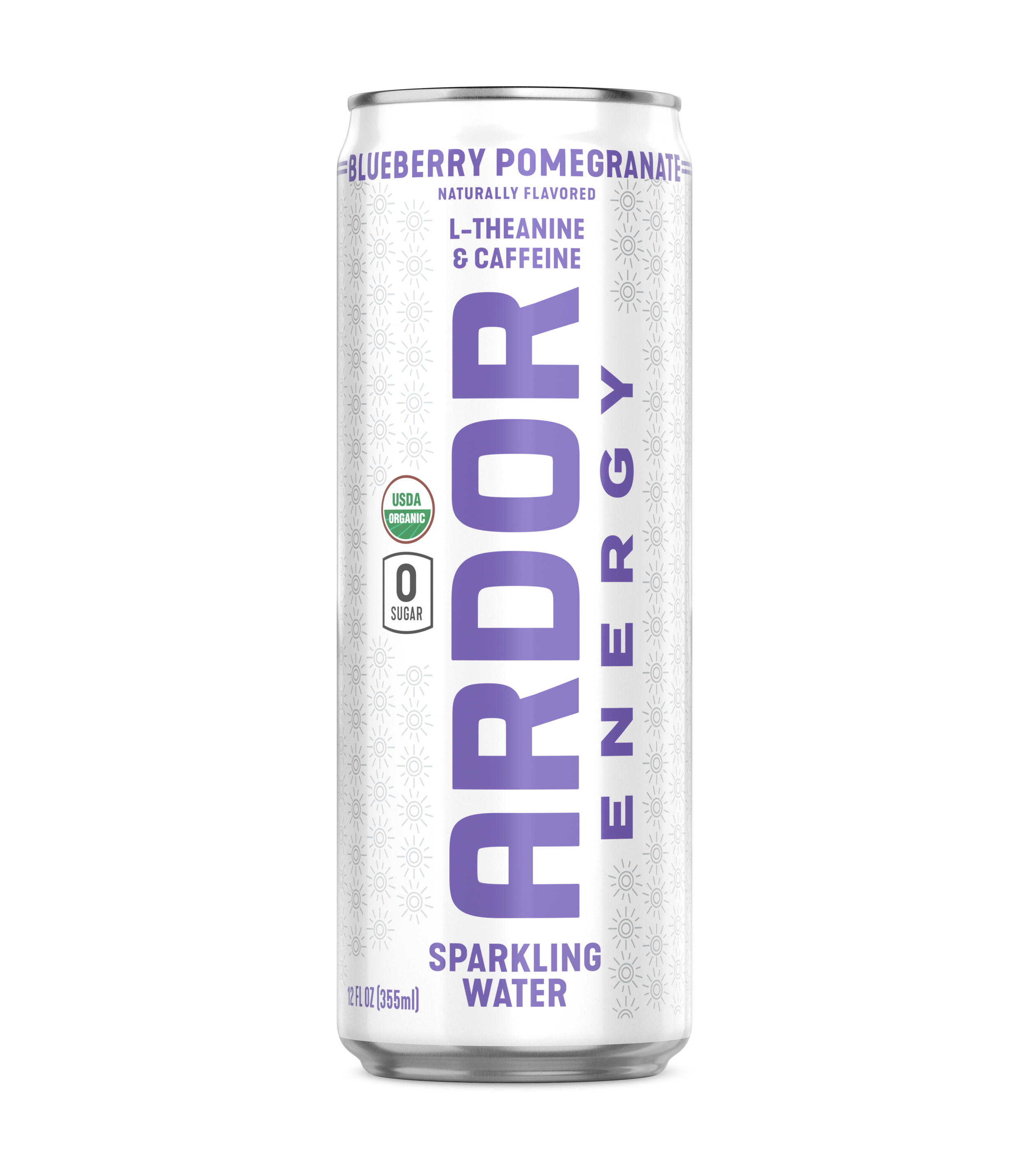 A can of Ardor sparkling water flavor blueberry pomegranate with USDA Organic label and no sugar.