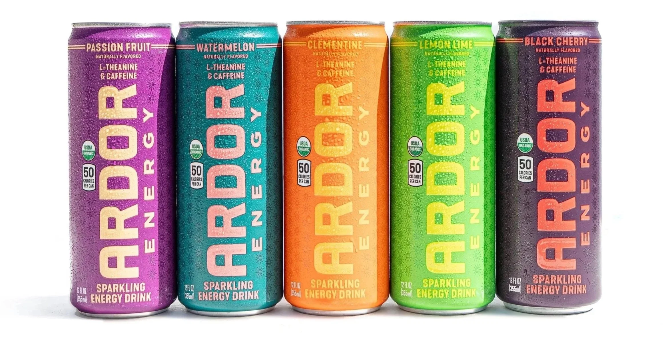 Lineup of five cans of Arddr Energy Drink, flavored Passion Fruit, Watermelon, Clementine, Lemon Lime, and Black Cherry, each 12 fl oz, with colorful and patterned packaging.