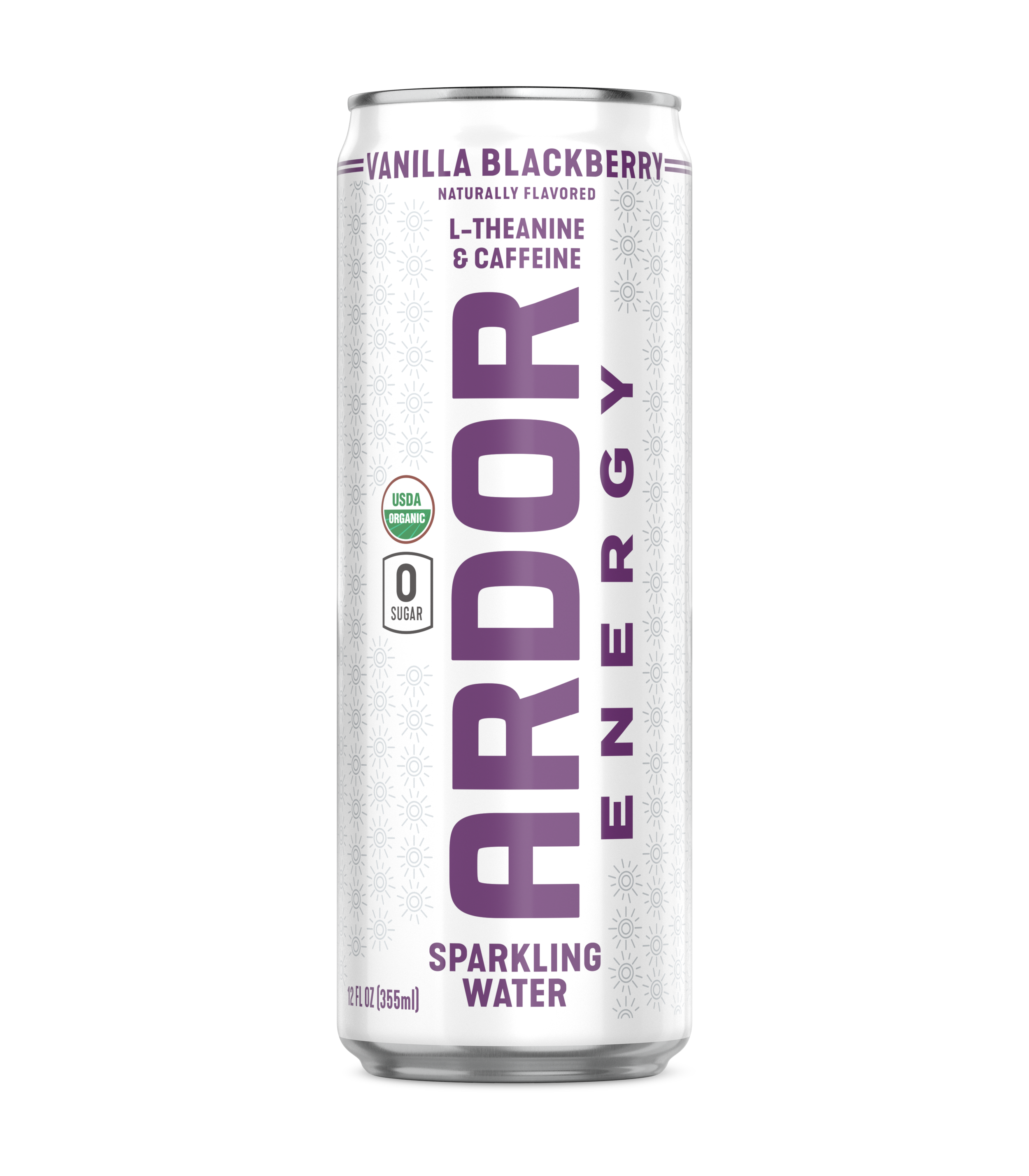 A can of Ardor Sparkling Water in Vanilla Blackberry flavor with L-theanine and caffeine, labeled as USDA organic, zero sugar, and 12 fluid ounces.