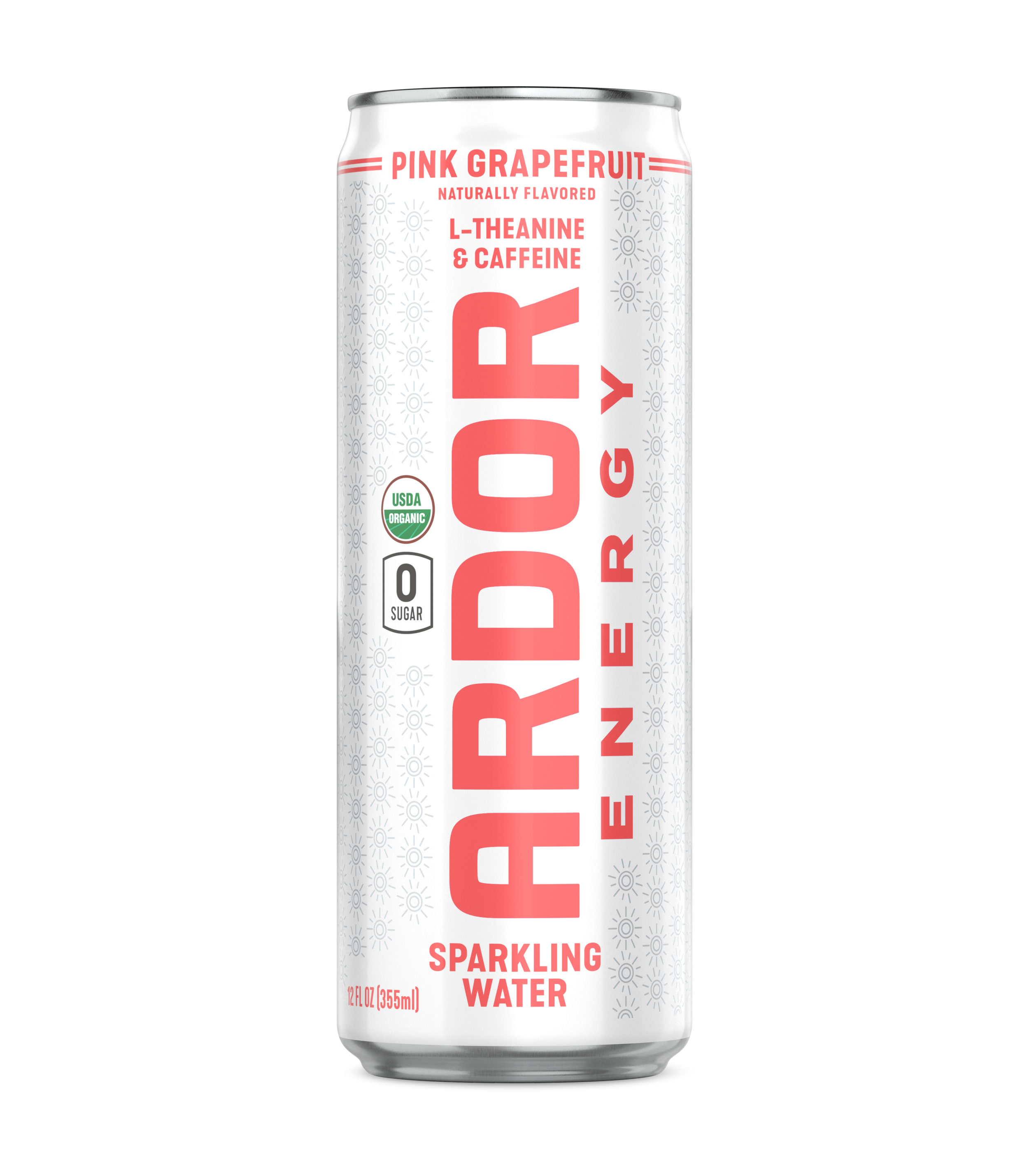 Canned sparkling water with a white label featuring large pink text that says 'ARDOR' and smaller pink text indicating it is pink grapefruit flavor with L-theanine and caffeine, and it has USDA organic certification and zero sugar.