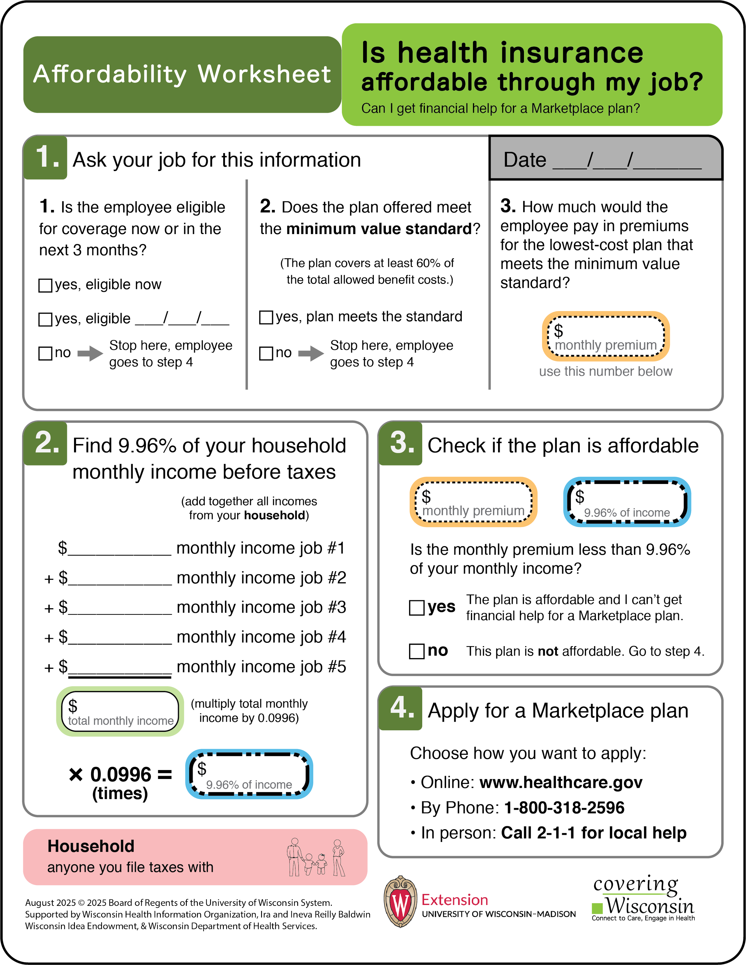 An infographic titled 'Is health insurance affordable through my job?' discussing income, premiums, and taxes with labels for monthly income, premiums, and household filers.