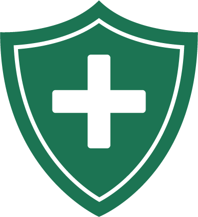 A green shield with a black medical cross in the center.
