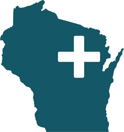 Icon of the state of Wisconsin with a medical cross symbol.