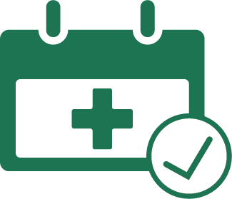 Icon of a green calendar with a medical cross in the center. In the bottom right corner is a circle with a green checkmark.