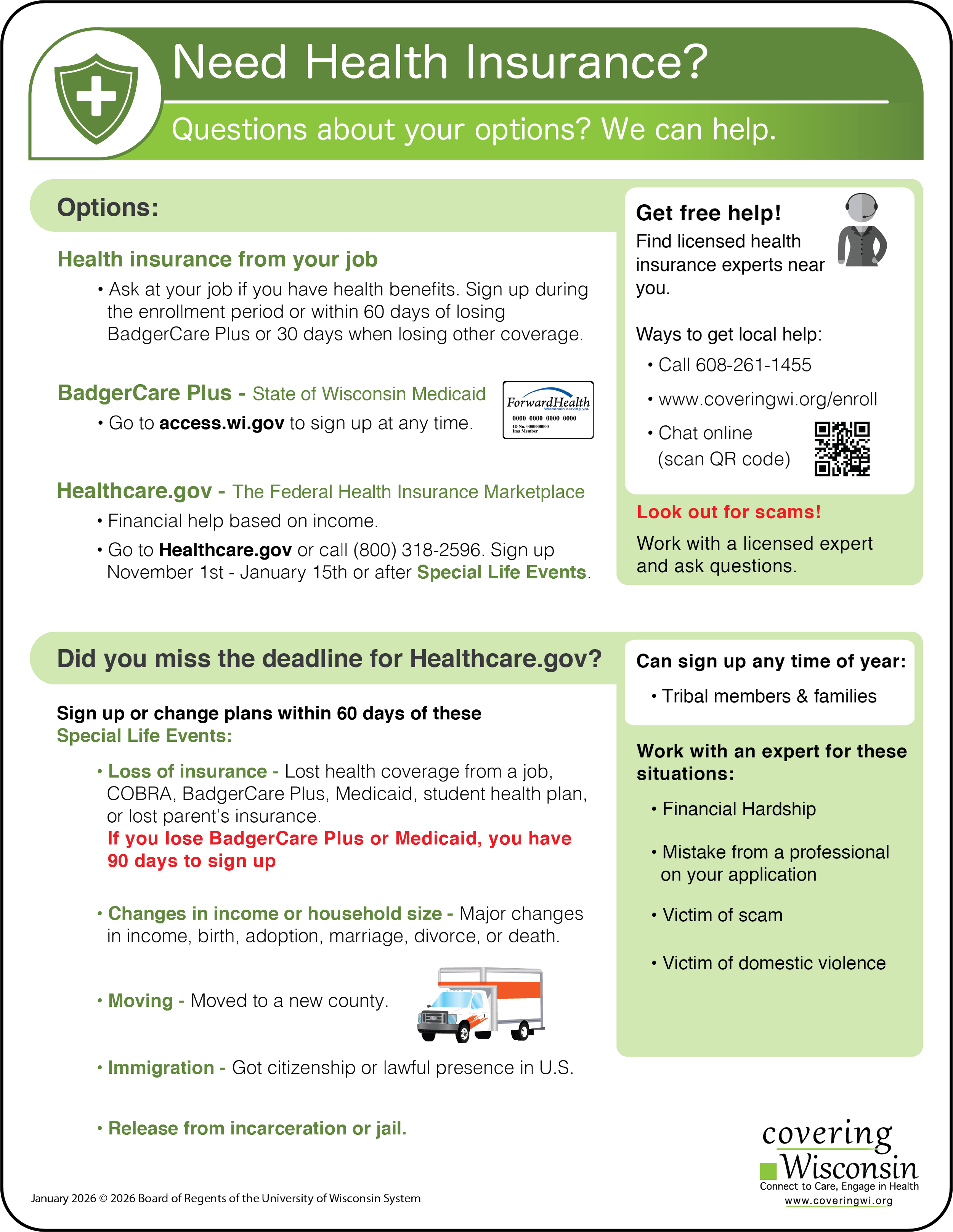Informational flyer about health insurance options for adults over age 65, including contacts for help, deadlines, and special enrollment reasons, with some graphics such as a shield icon, a phone number, a website address, and a small van illustration.