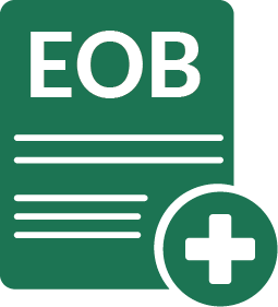 Icon of a piece of paper with EOB written on the top, and circle in the bottom right with a medical cross.
