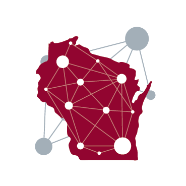 Icon of the state of Wisconsin with a network web overlaid on top.