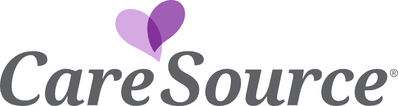 CareSource logo with grey text and purple heart above the text