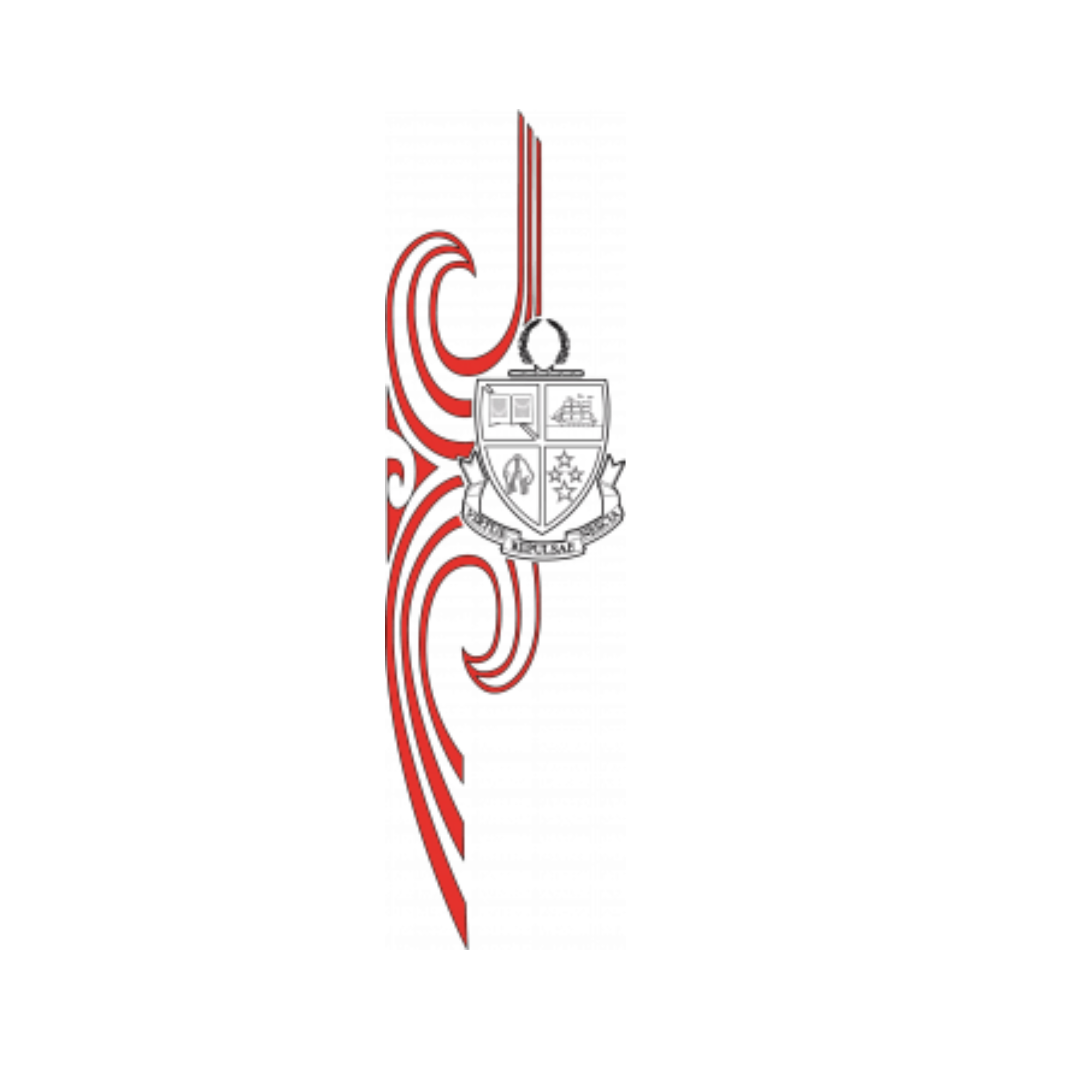 Graphic logo with red decorative swirl design and a crest with four quadrants featuring symbols, and a banner with text, on a black background.
