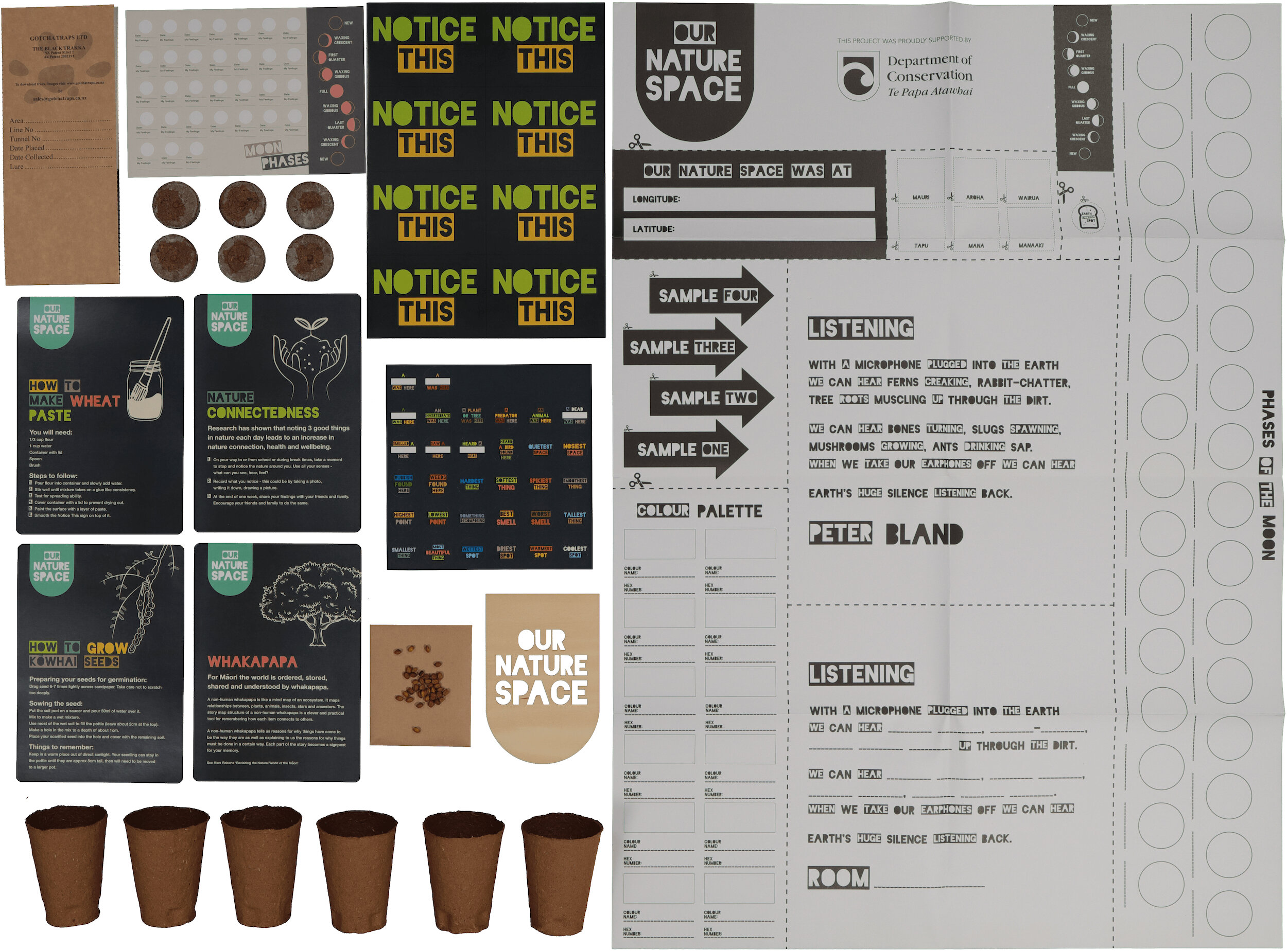 x32 kōwhai seeds and fertipots, A1 cut out sheet, x16 notice this cards signs, our nature space laser cut wooden sign, x4 information cards, x8 chew cards, x32 moon phase student sheets, sandpaper, x4 test tubes, litmus paper strips, southern hemisp…
