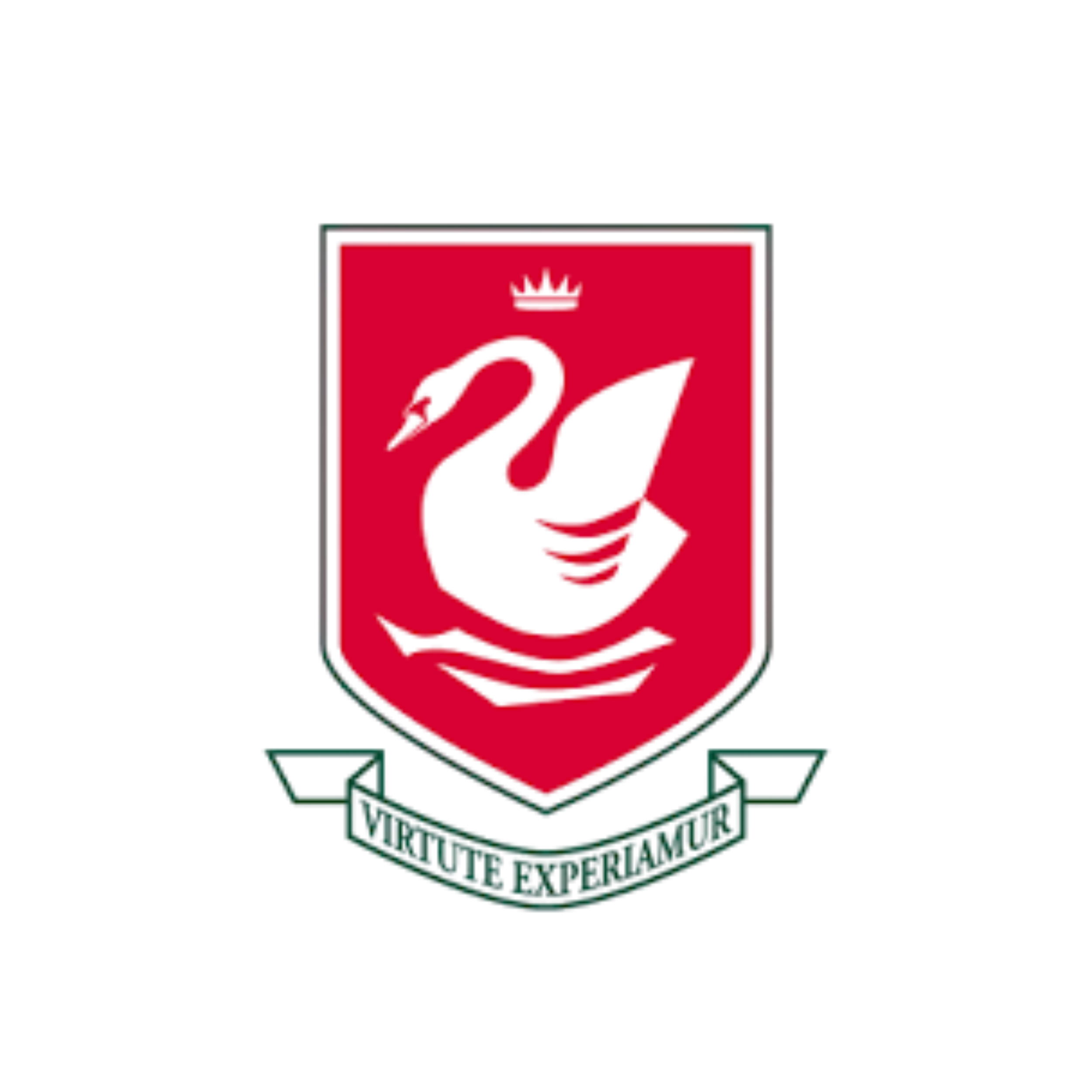 A red shield emblem featuring a stylized swan with wings, the swan's beak forming a curved line. A small crown is positioned above the swan's head. 