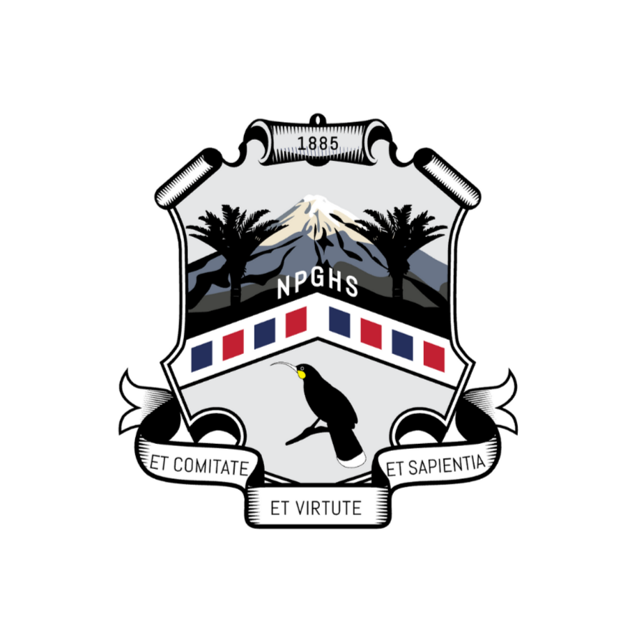 A crest featuring a mountain with snow, palm trees, a black bird with a yellow beak, and a red, white, and blue checkered stripe. It has the text '1885' at the top, 'NPGHS' in the middle, and a banner at the bottom with the Latin words 'ET COMITATE,' 'ET SAPIENTIA,' and 'ET VIRTUTE.'
