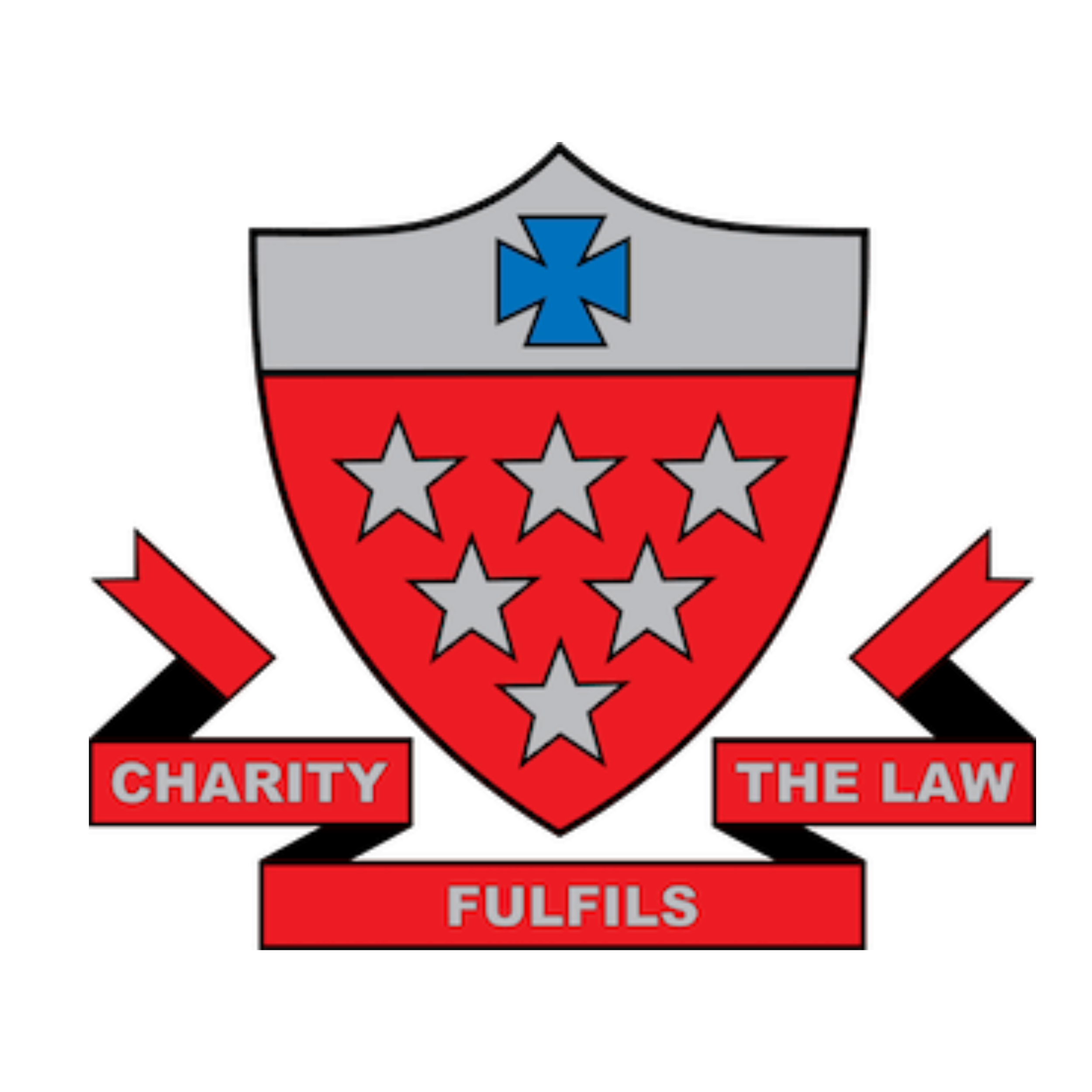 A shield emblem with a blue cross at the top, a red background with seven silver stars inside, and the words "Charity," "The Law," and "Fulfils" displayed in red boxes below.
