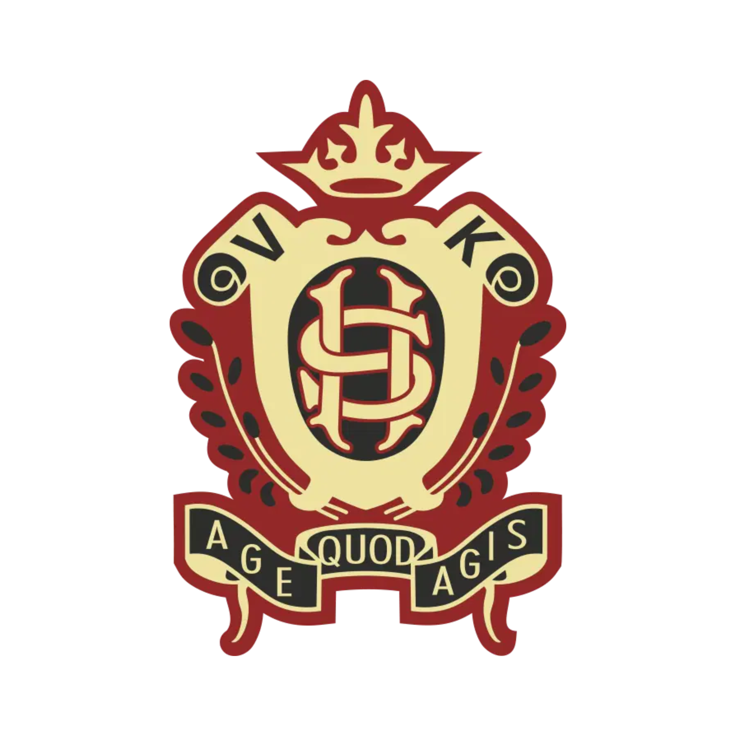 A crest with a crown at the top, a central shield with intertwined letters, and a banner at the bottom reading 'A E QUOD GIS'.