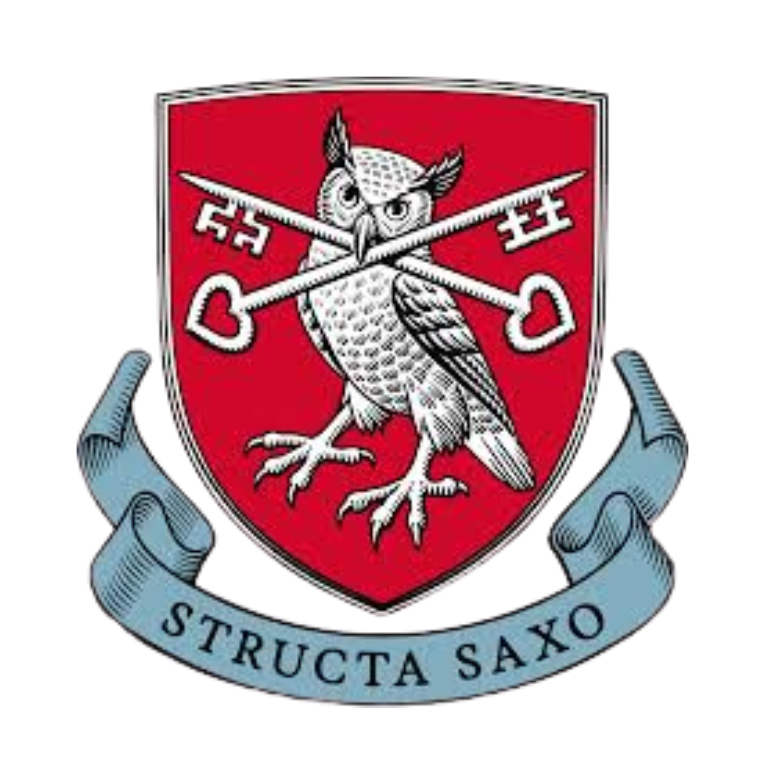 A crest featuring an owl with crossed keys behind it on a red shield, with a blue scroll beneath bearing the Latin words 'Structa Saxo'.