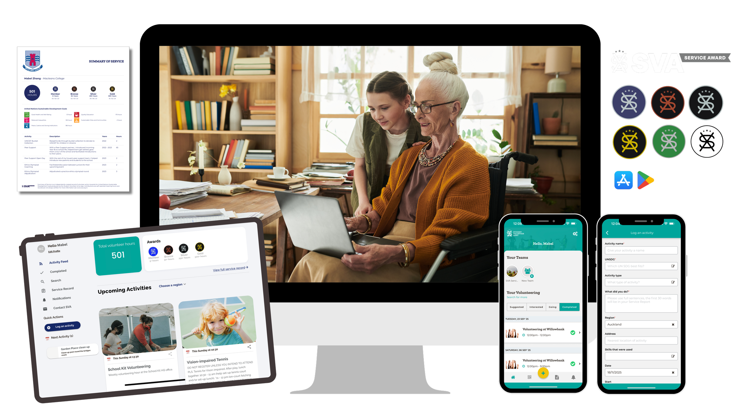 A woman sitting in a wheelchair using a laptop, with a young girl standing beside her, in a cozy room with books and plants.