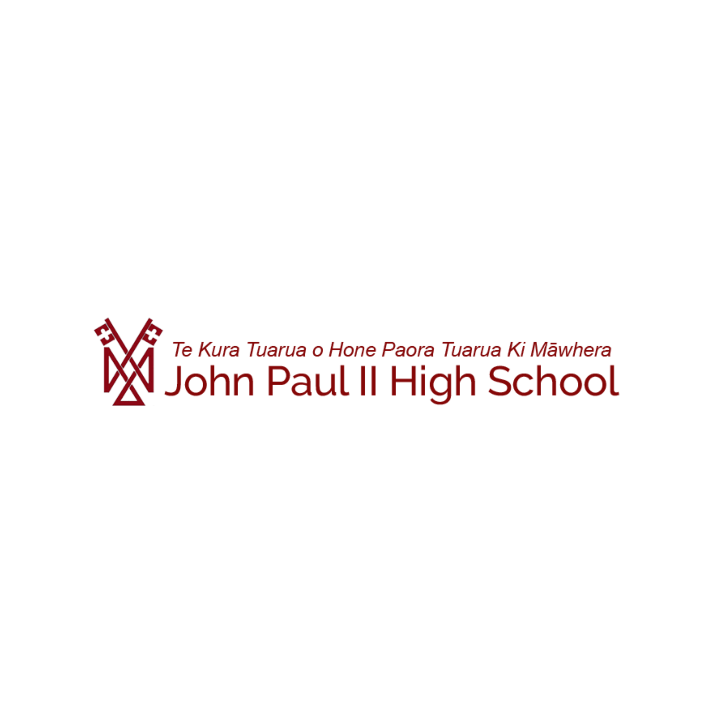 School logo for John Paul II High School with a red and black emblem and text on a black background.