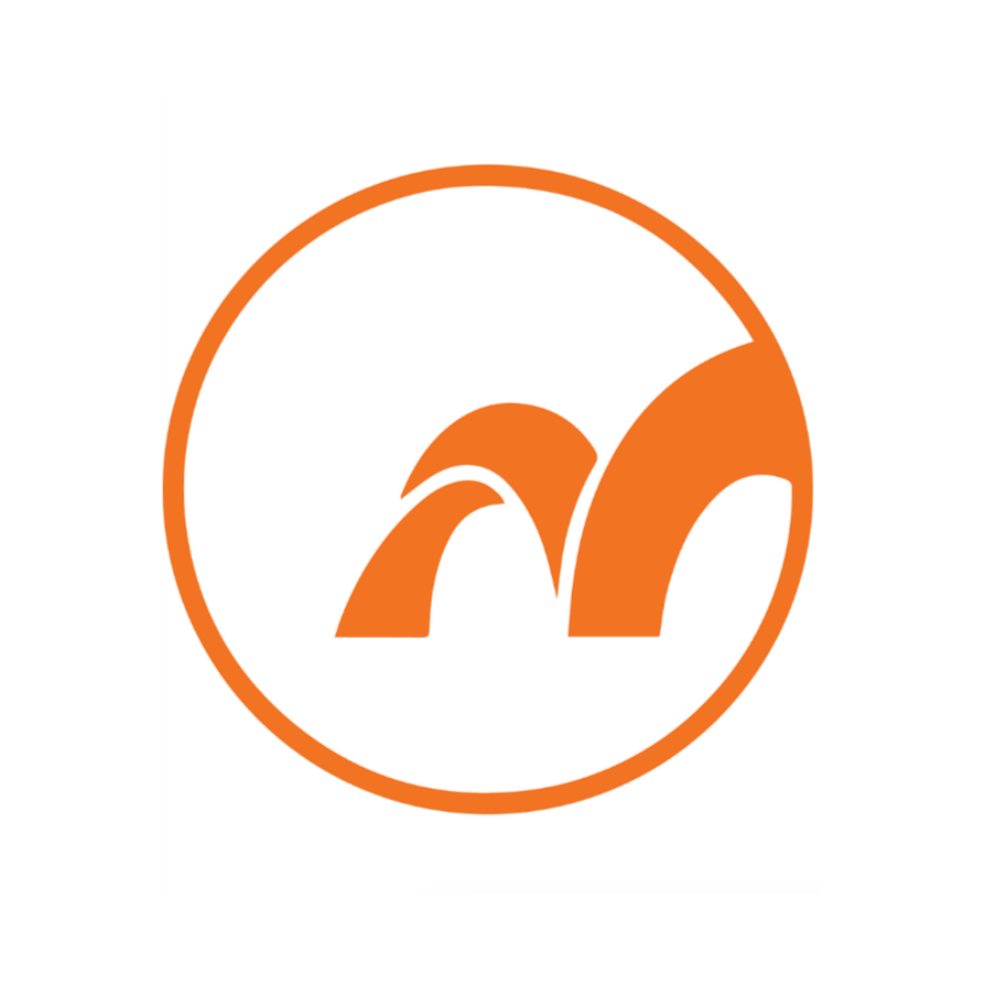 Orange and white circular logo with stylized waves or mountain peaks in the center.
