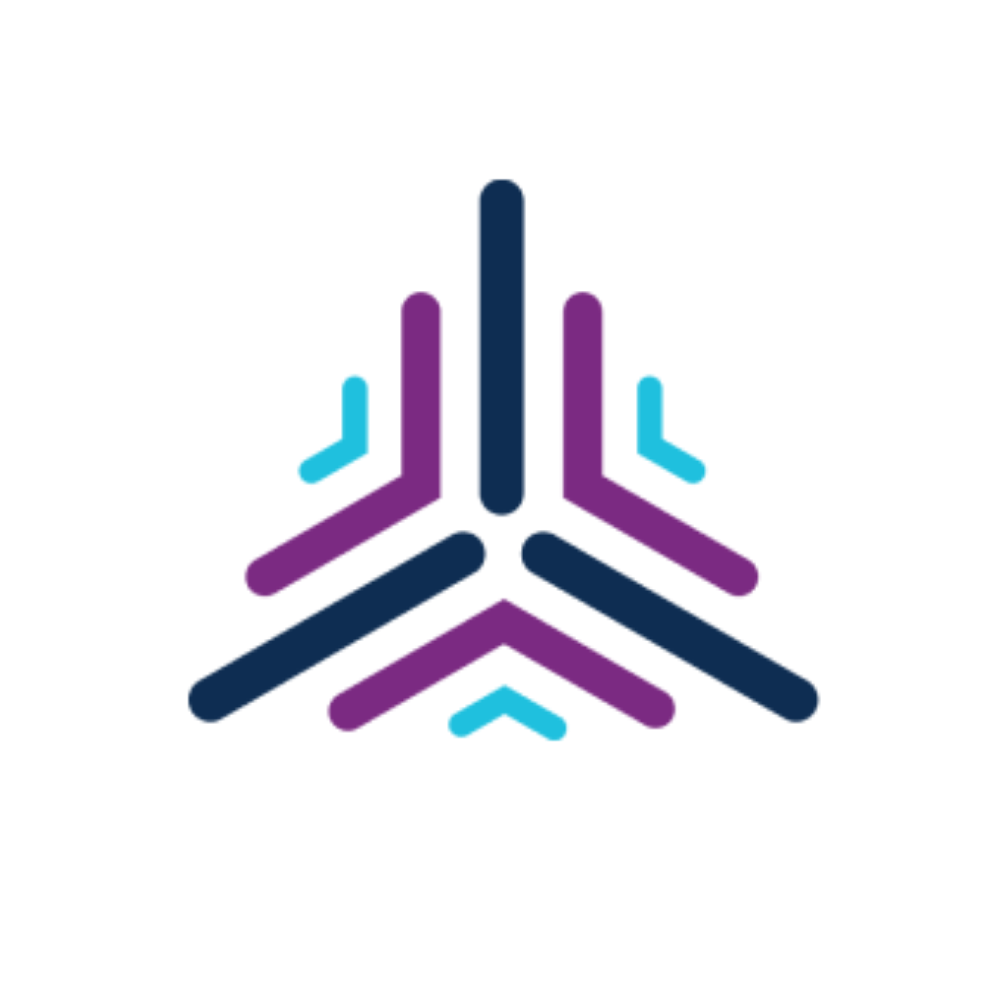 A stylized abstract geometric logo design with purple, dark blue, and light blue lines forming a symmetrical shape.