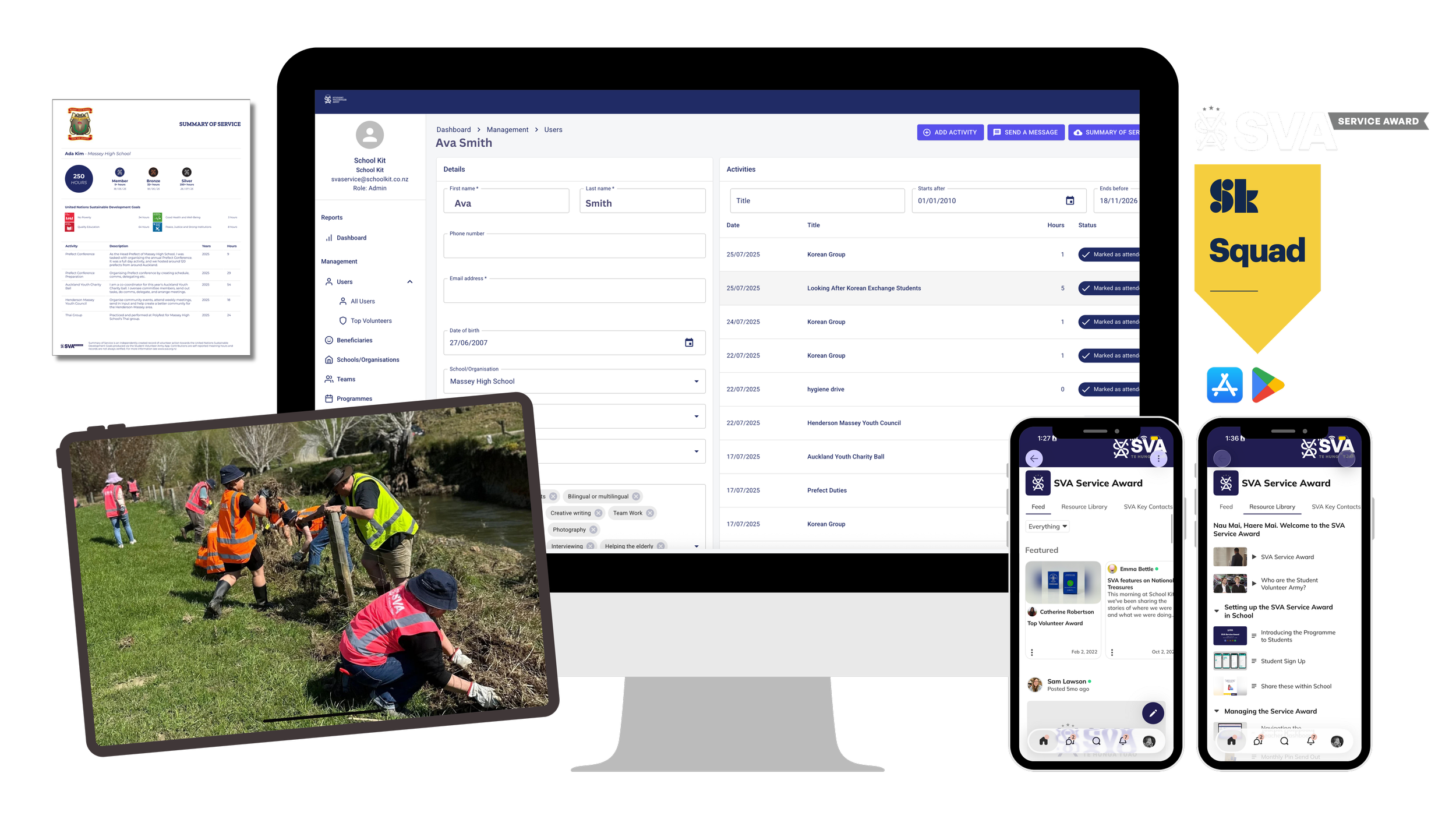 A collage of digital devices and printed documents showcasing the SVA Service Award program, including a desktop monitor, smartphone screens displaying app interfaces, a tablet with a volunteer activity photo, and printed awards with logos and text about service achievements.