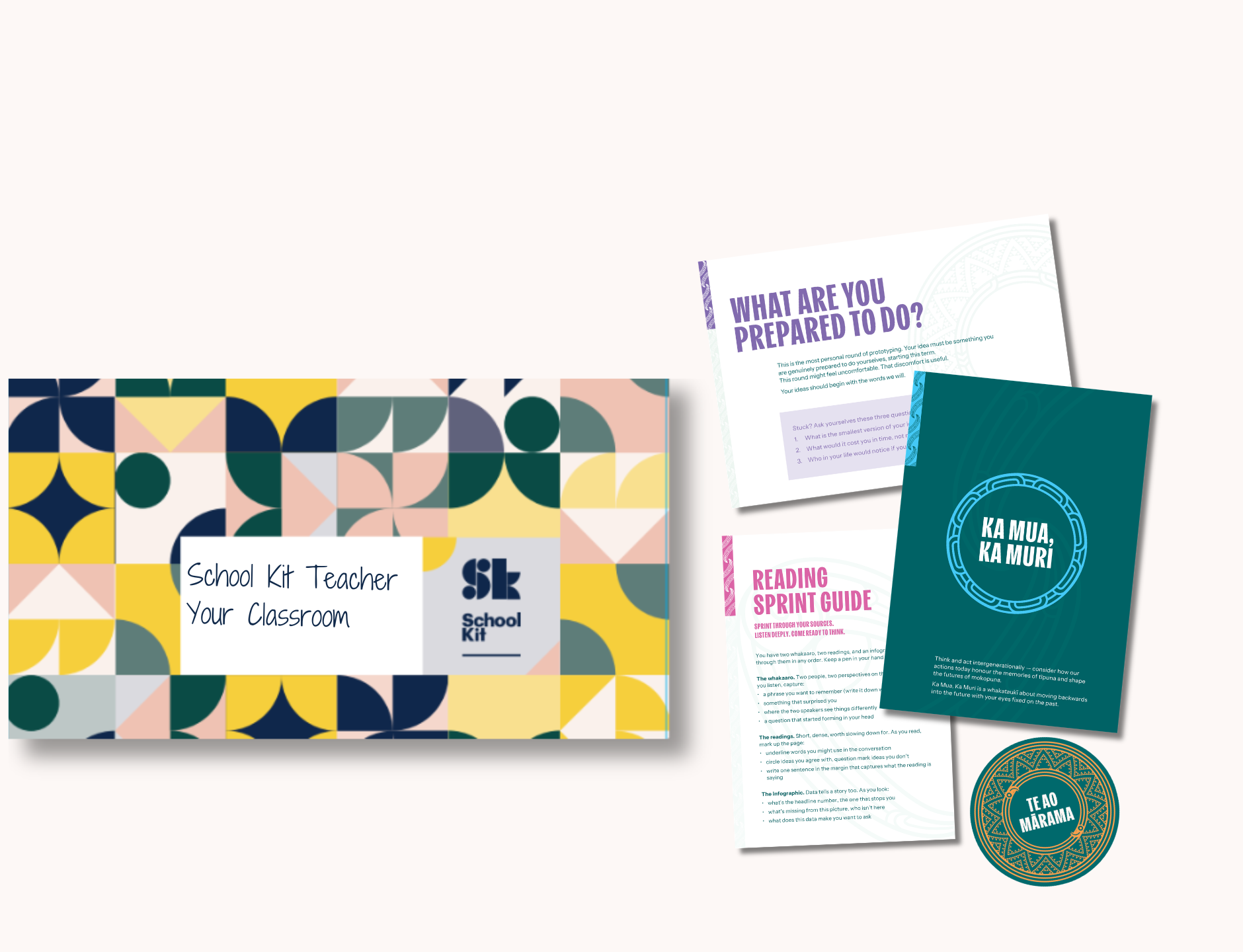 A colorful school kit box labeled 'School Kit Teacher Your Classroom' with various educational templates and charts spilling out.