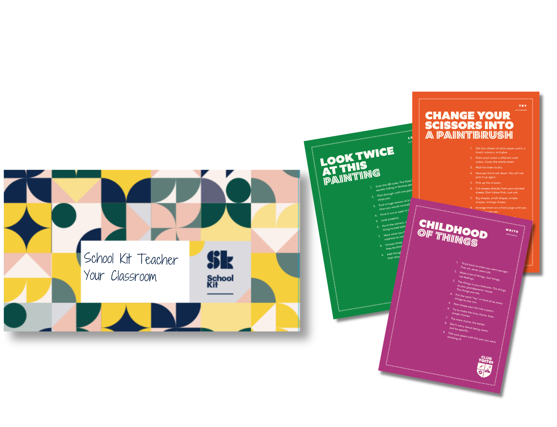 A colorful school kit box labeled 'School Kit Teacher Your Classroom' with various educational templates and charts spilling out.
