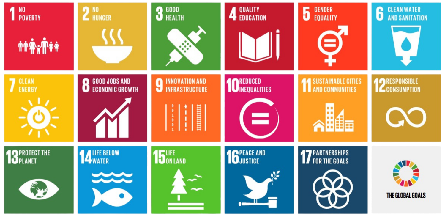 A colorful grid of icons representing the United Nations Sustainable Development Goals, numbered 1 to 17, with a diverse range of colors and symbols depicting global priorities like no poverty, zero hunger, good health, quality education, gender equality, clean water, and climate action, among others.