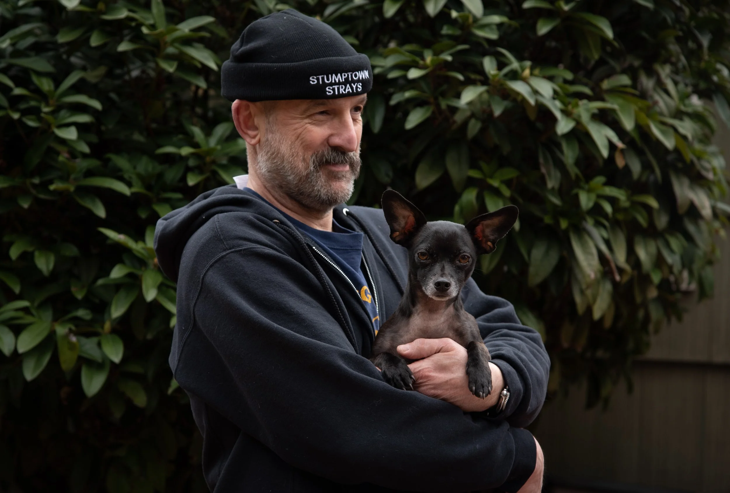 Nick holds a black chihuahua in his arms.
