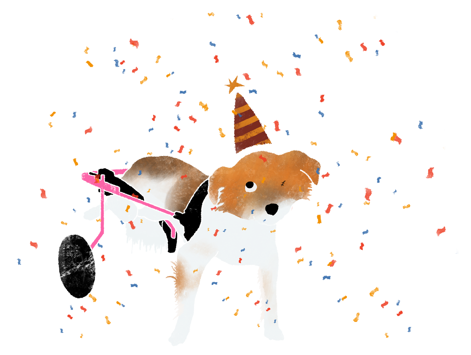 A drawing of a white, orange, and crown dog in a ping dog wheelchair wears a party hat and is surrounded by confetti.
