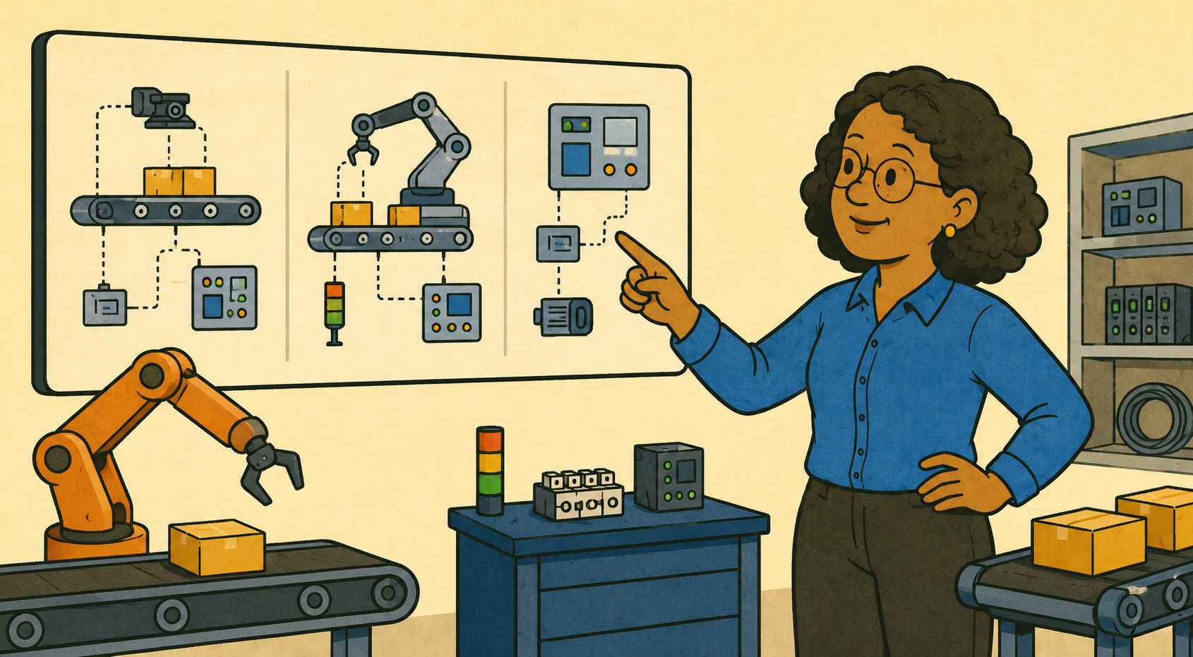Illustration of a woman in a blue shirt standing beside conveyor belts and robotic arms in a factory setting, with a diagram of automation equipment on the wall.